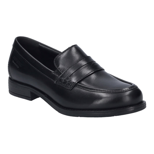 Black leather penny loafer with low heel.