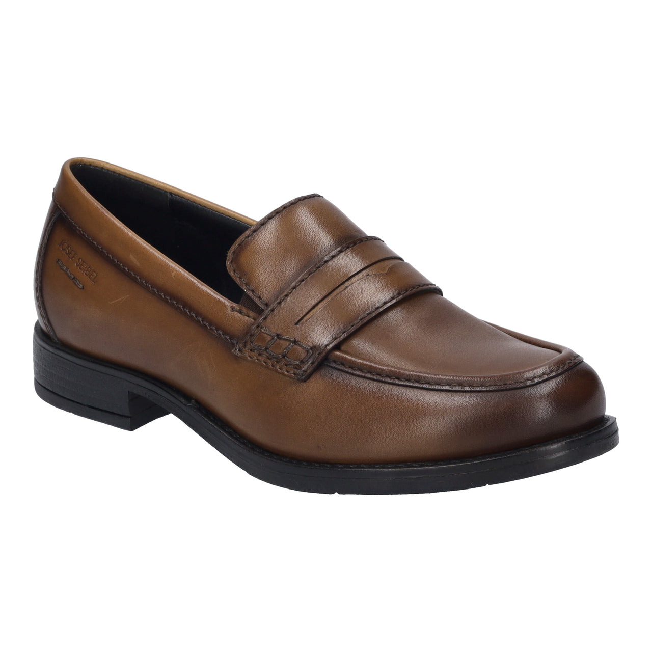 Brown leather penny loafer shoe with a flat heel and dark sole.