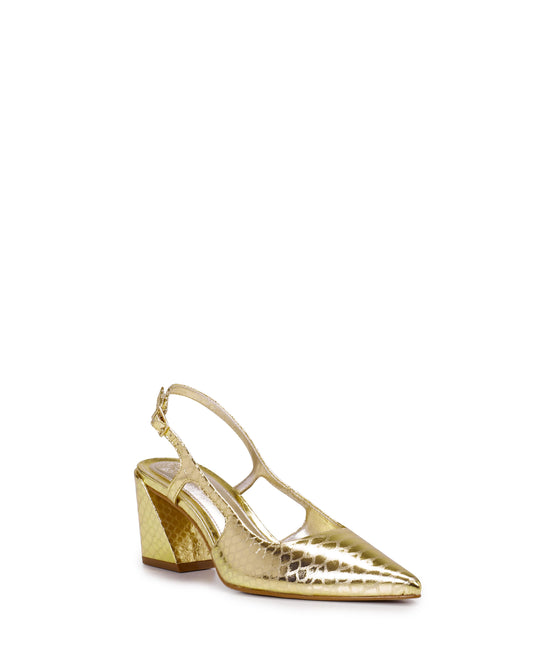 Gold patterned block heel slingback shoe.