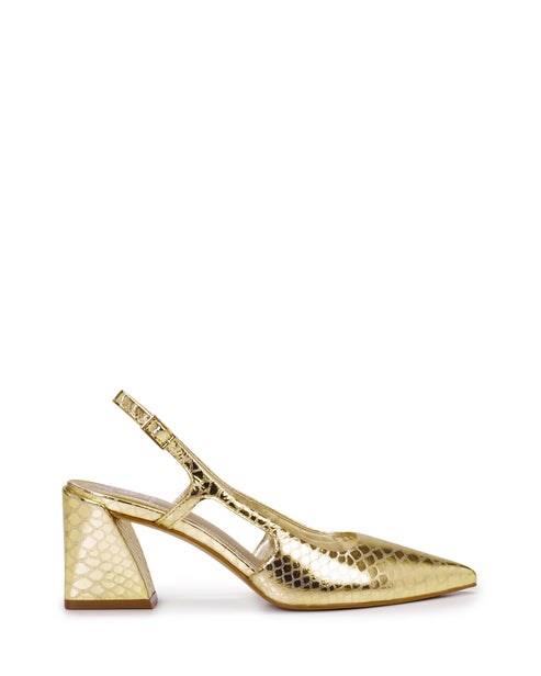 Gold snakeskin-textured slingback block heel shoe.