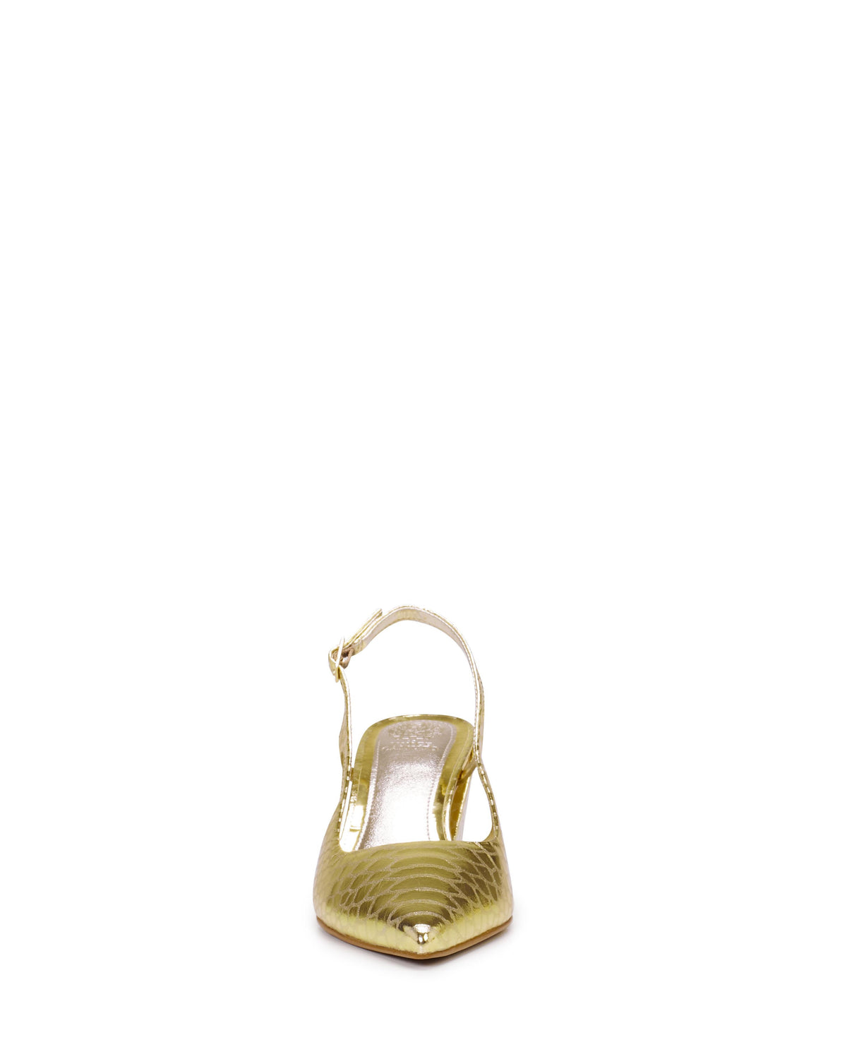 Gold patterned slingback pump with a pointed toe and adjustable strap.