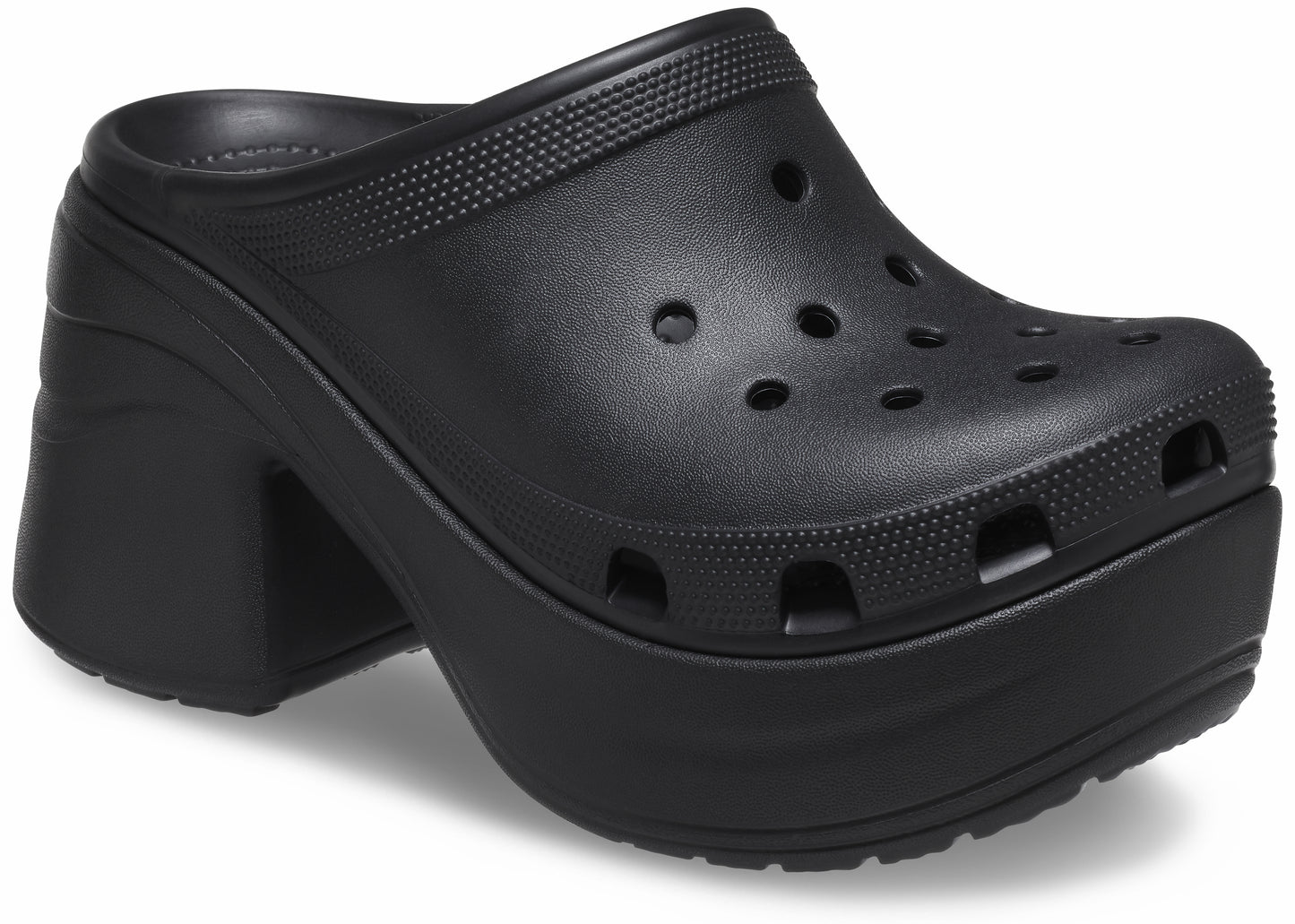 Black platform heel Croc with ventilation holes.
