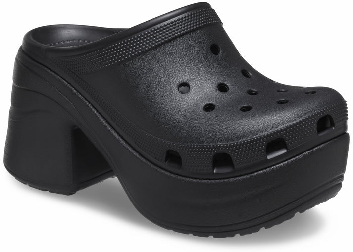 Black platform heel Croc with ventilation holes.