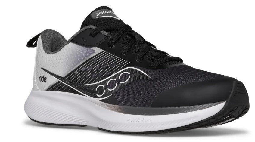 Running shoe with black upper, white midsole and black outsole.
