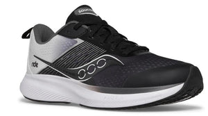 Running shoe with black upper, white midsole and black outsole.