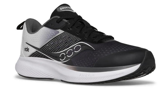 Running shoe with black upper, white midsole and black outsole.