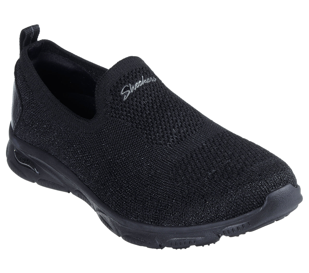 A black slip-on shoe with a knit upper and the word "Skechers" on the top.