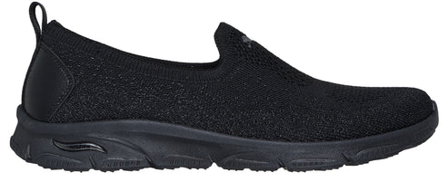 A black slip-on sneaker.