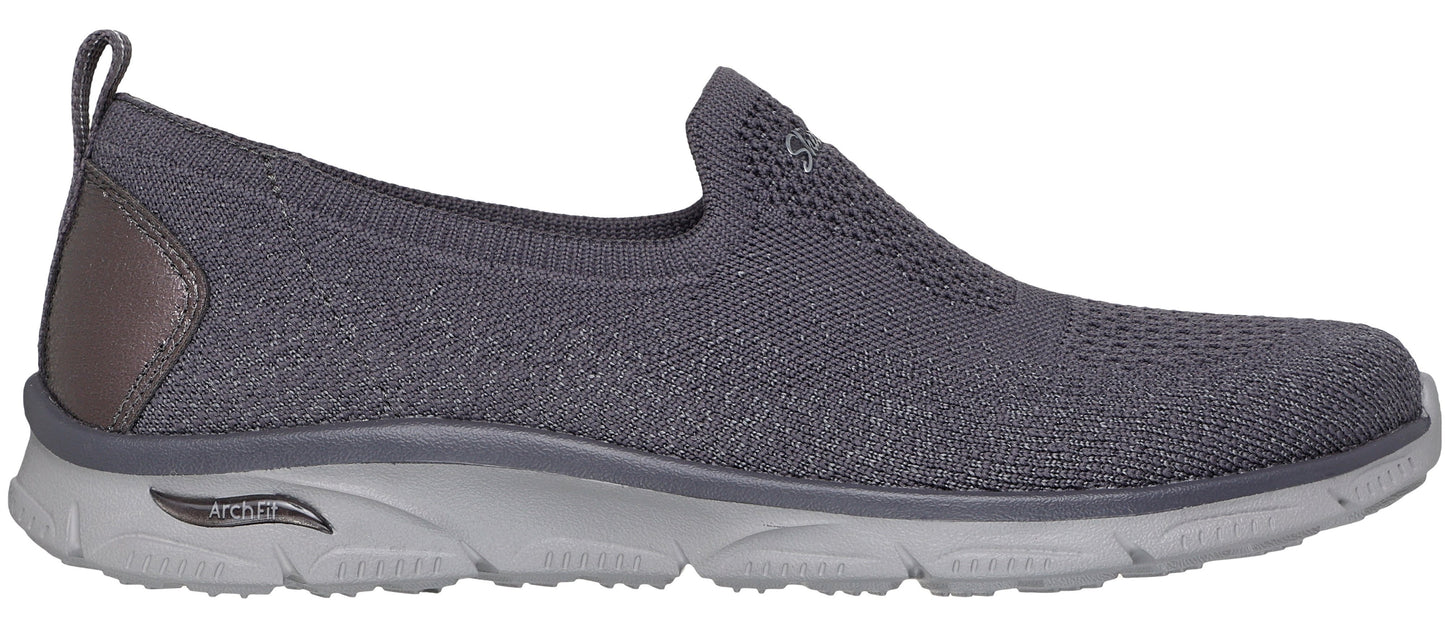 A gray slip-on walking shoe with a gray sole and pull tab.
