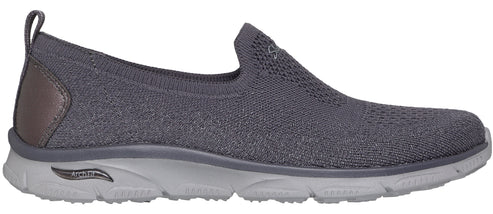 A gray slip-on walking shoe with a gray sole and pull tab.