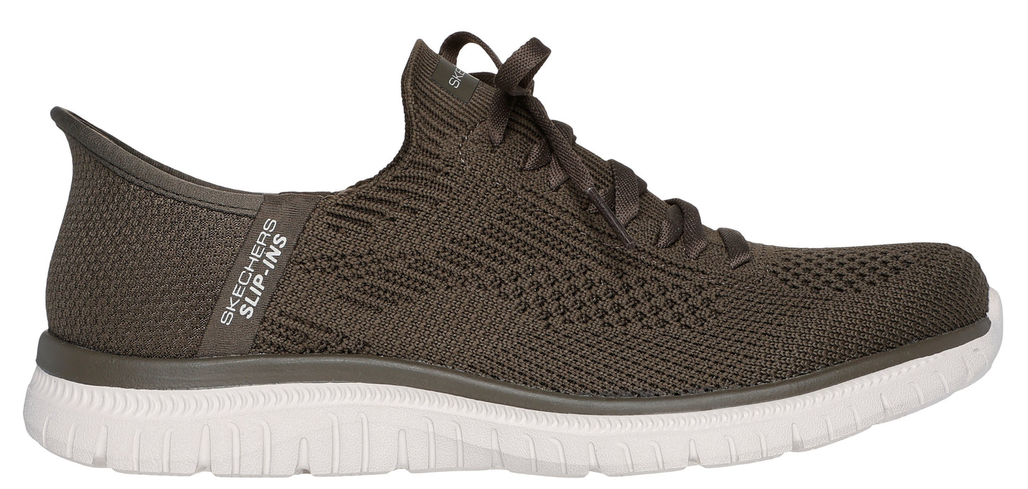 A brown knit-like sneaker with white soles and laces. The text on the shoe says "SKECHERS SLIP-INS"