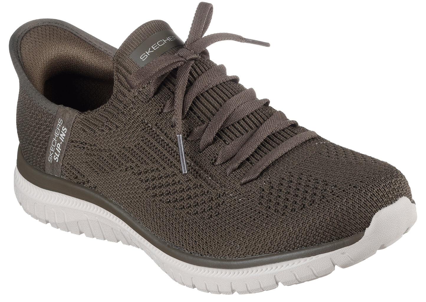Knitted, lace-up running shoe in dark brown with white sole.
