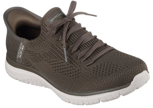 Knitted, lace-up running shoe in dark brown with white sole.