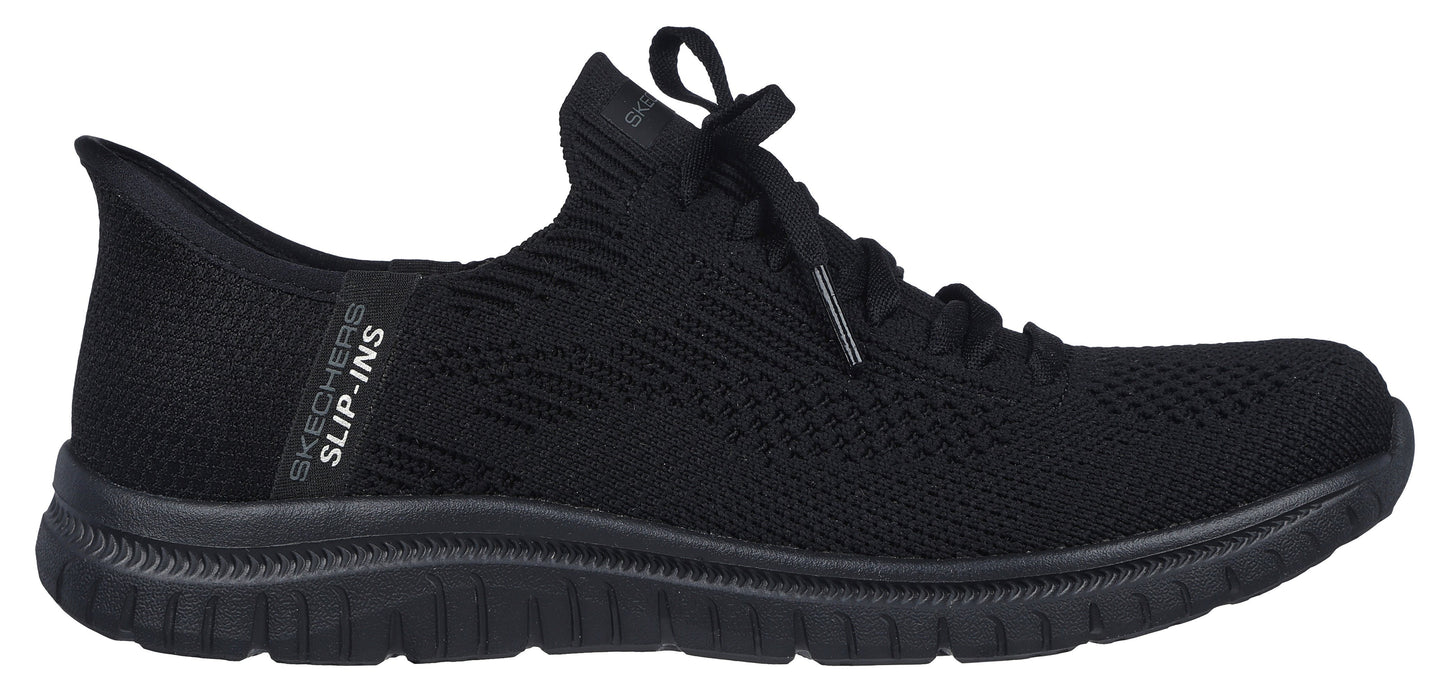 A black slip-on shoe with laces.