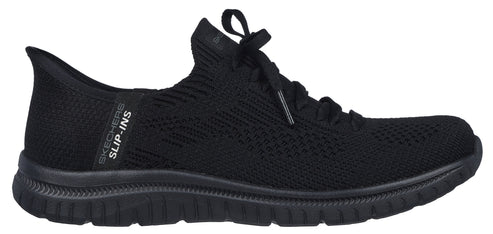 A black slip-on shoe with laces.