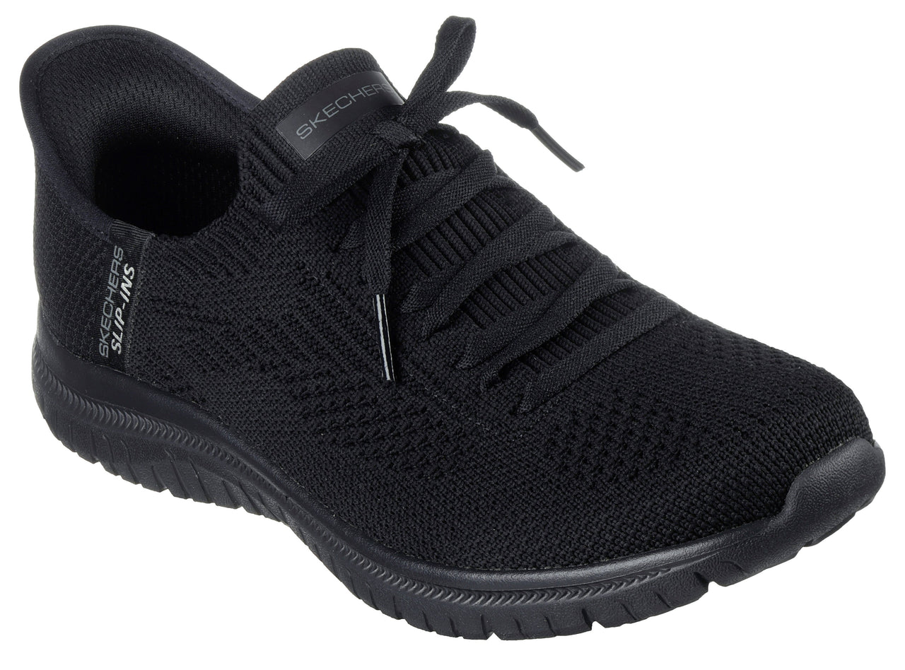 Black knit slip-on sneaker with laces and low profile sole; "SKECHERS SLIP-INS" is printed near the heel.