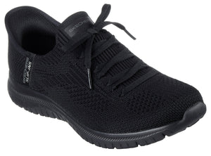 Black knit slip-on sneaker with laces and low profile sole; "SKECHERS SLIP-INS" is printed near the heel.