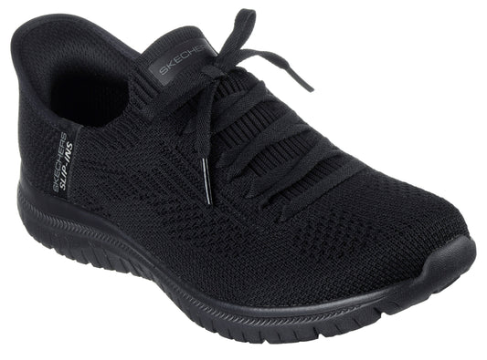 Black knit slip-on sneaker with laces and low profile sole; "SKECHERS SLIP-INS" is printed near the heel.