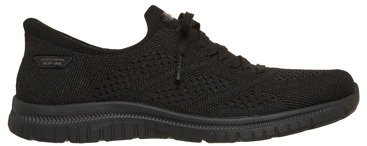 Black slip-on sneaker with knit upper and lace-up closure.