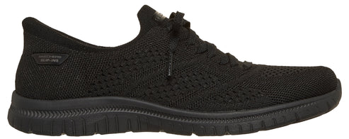 Black slip-on sneaker with knit upper and lace-up closure.