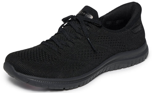 Black running shoe with knitted upper and lace closure.