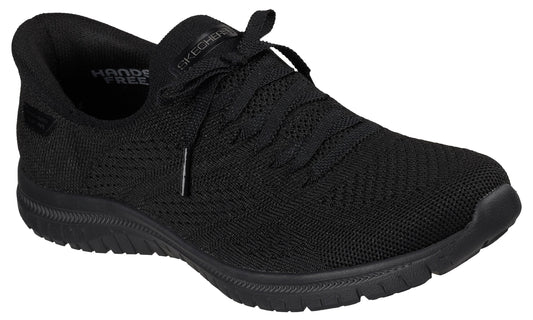 Black slip-on shoe with a knit upper, faux laces, and a black sole.