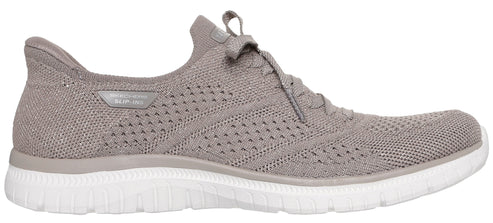 A gray slip-on sneaker with a white sole.