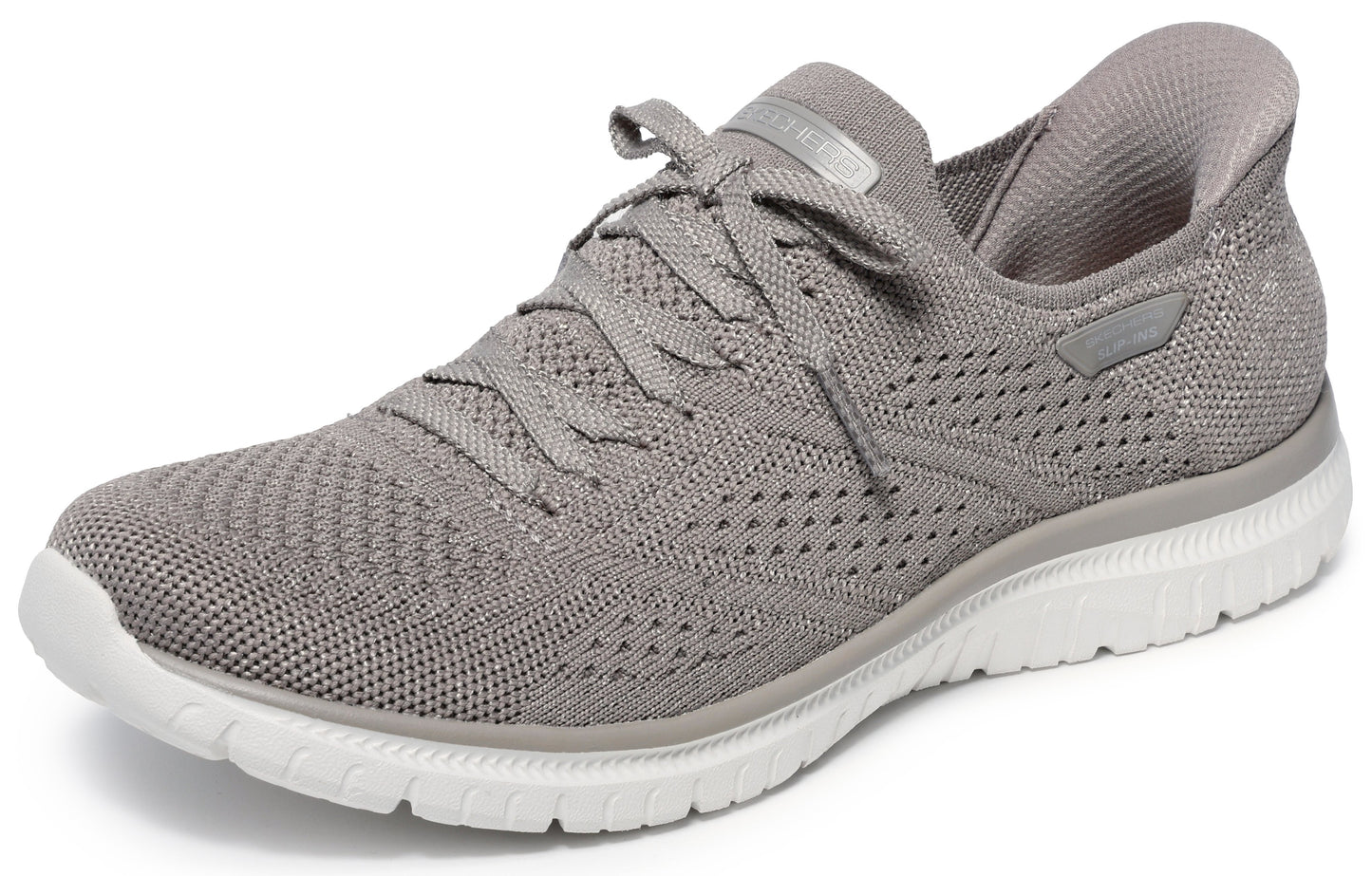 Grey athletic shoe with laces and white sole.