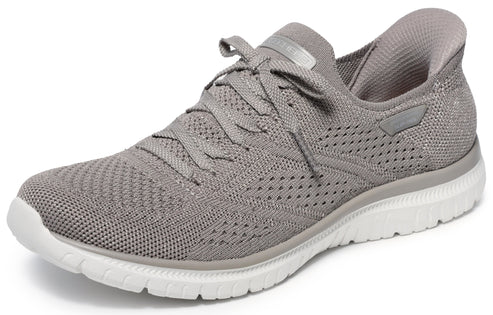 Grey athletic shoe with laces and white sole.
