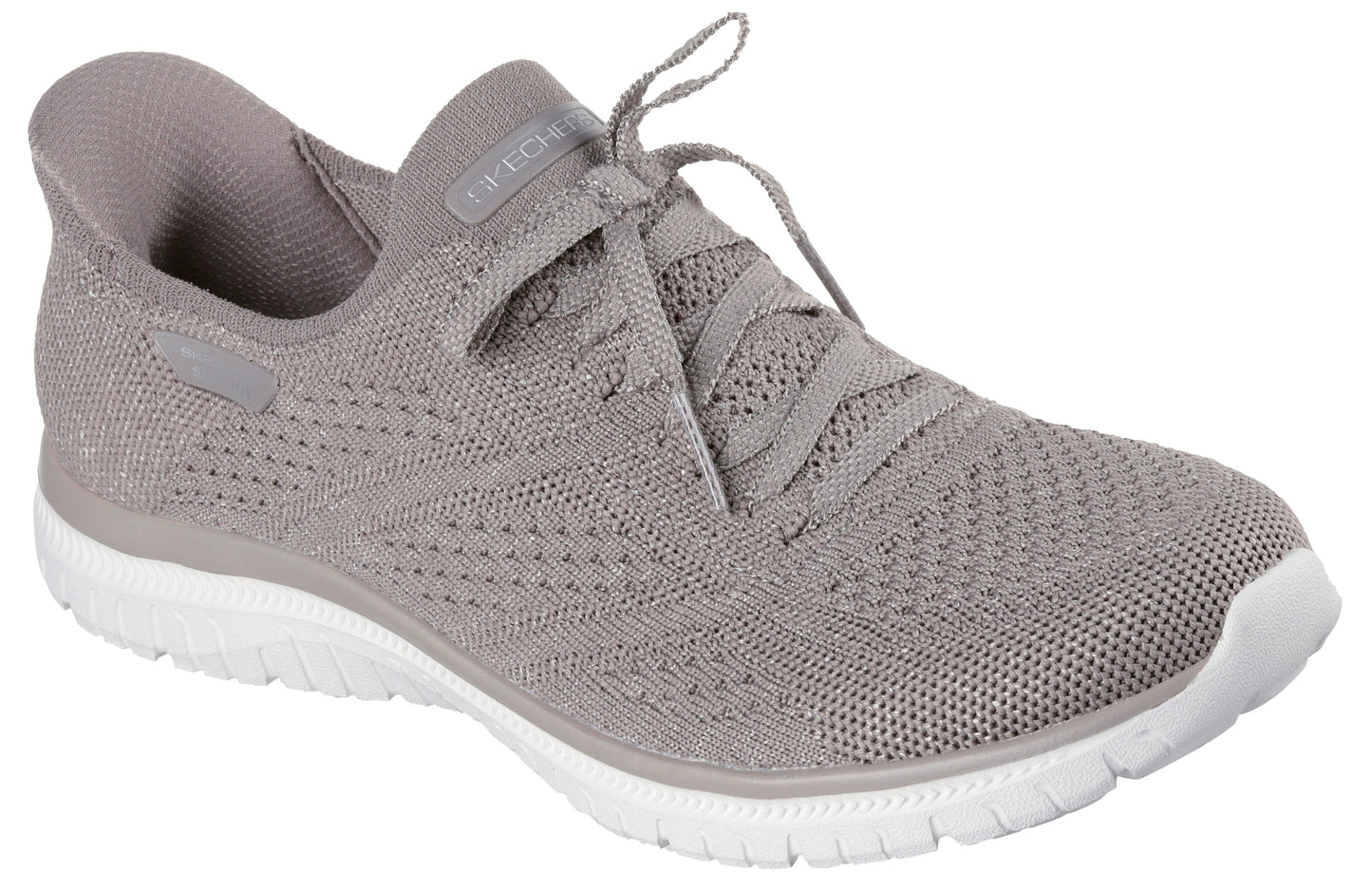 A gray low-top athletic shoe with white sole and shoelaces.