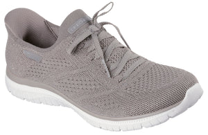 A gray low-top athletic shoe with white sole and shoelaces.
