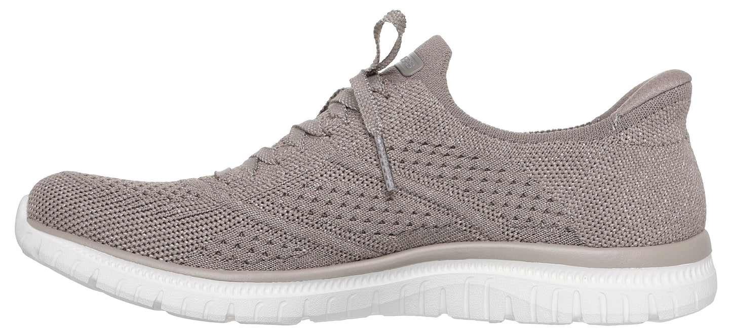 A sneaker with a textured upper and white sole.