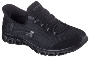 Black athletic shoe with elastic laces and the word "SKECHERS" on the tongue.