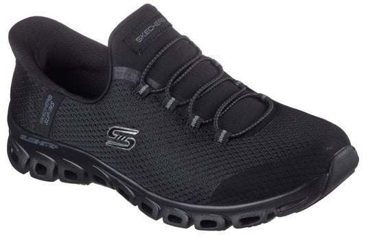 Black athletic shoe with elastic laces and the word "SKECHERS" on the tongue.