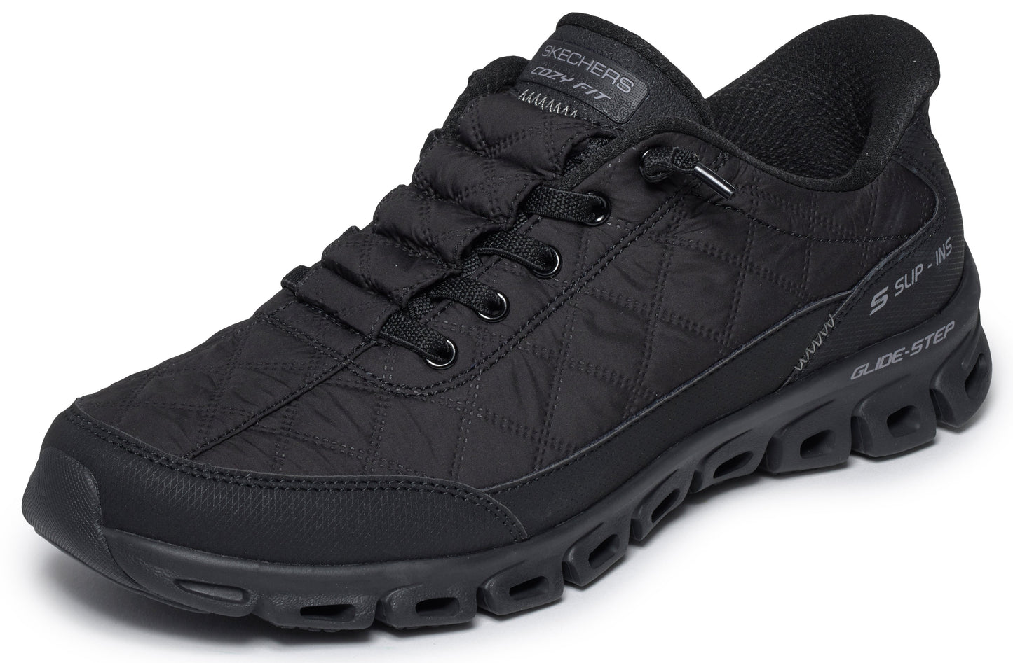 A black Skechers Glide-Step athletic sneaker with a quilted fabric upper, a padded tongue, and a thick, segmented cushioned sole.