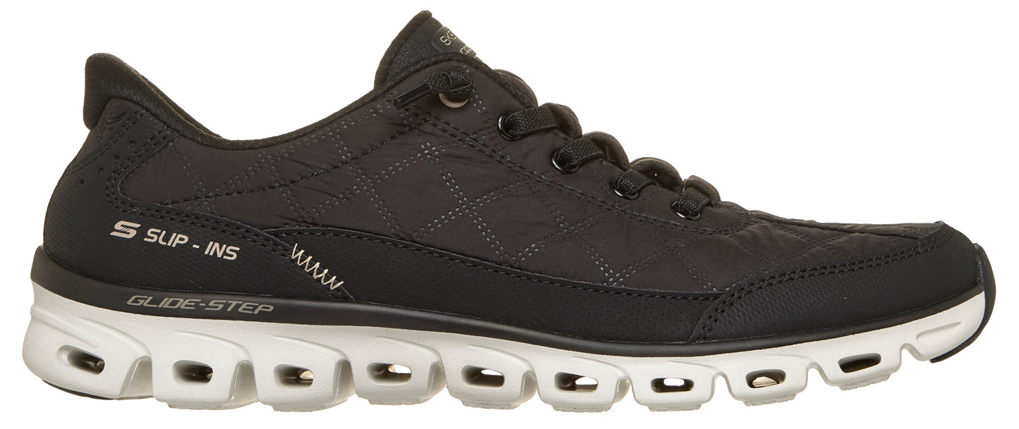 Black running shoe with white sole. The words "S SUP-INS" and "GLIDE-STEP" are visible on the shoe.