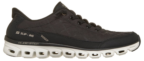 Black running shoe with white sole. The words "S SUP-INS" and "GLIDE-STEP" are visible on the shoe.