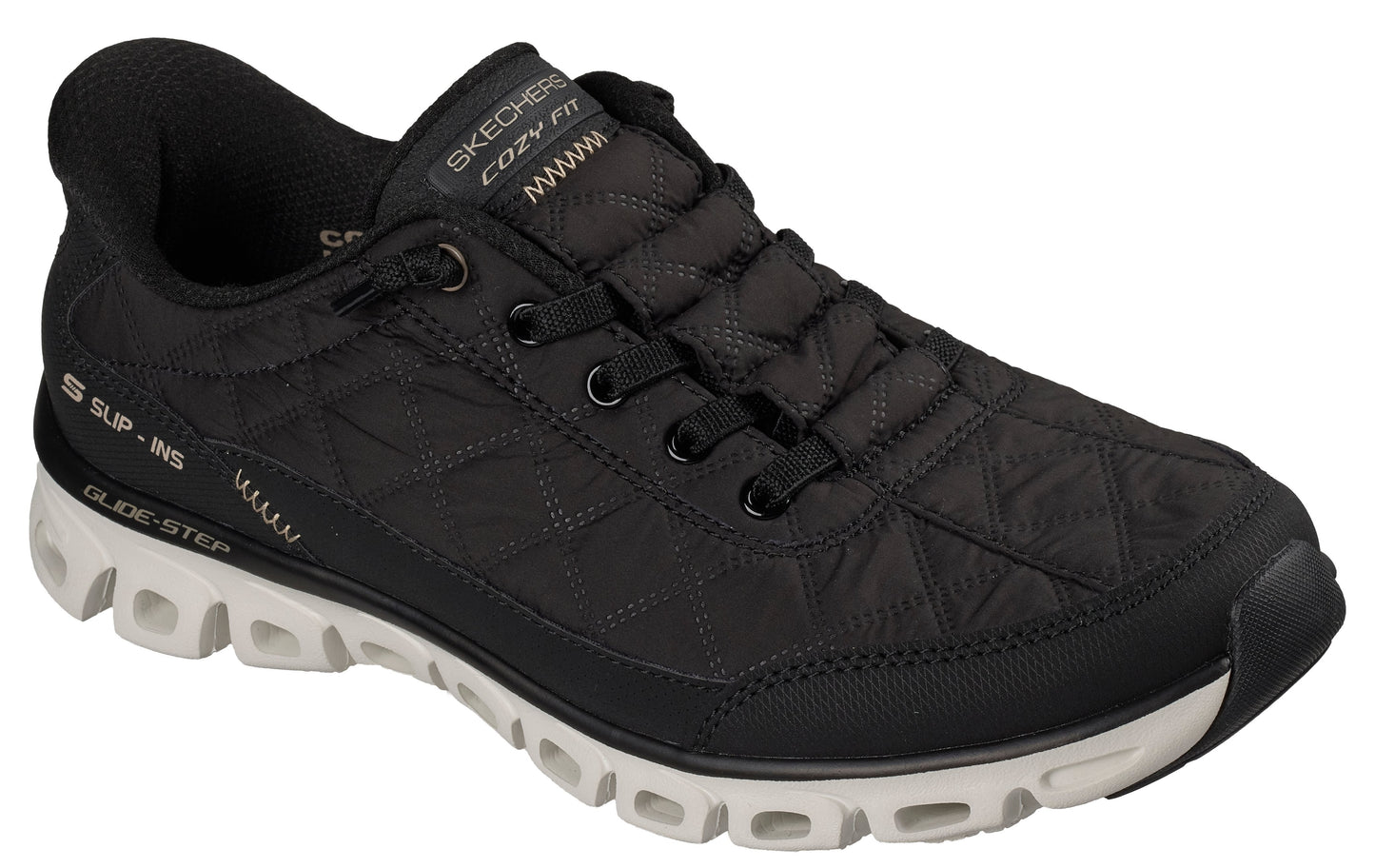 Black quilted athletic shoe with white sole, labeled 'SKECHERS COZY FIT' and 'GLIDE-STEP'.
