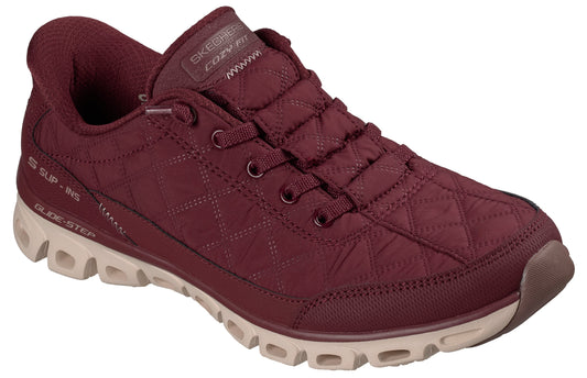 A maroon Skechers Cozy Fit Slip-ins Glide-Step sneaker with a quilted fabric upper, laces, and a light tan contoured, cutout-style midsole.