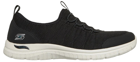 A black slip-on athletic shoe with a white sole featuring the Skechers 'S' logo on the heel and the word 'Arch Fit' embossed on the side midsole.