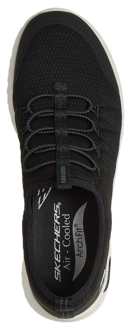 A top-down view of a black slip-on athletic shoe with decorative elastic bungee laces and a white midsole. The inside of the shoe shows text reading Skechers Air-Cooled ArchFit.
