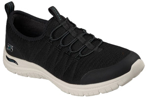 A black Skechers athletic slip-on sneaker with a beige sole, visible branding on the side and tongue, and elastic laces.
