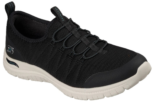 A black Skechers athletic slip-on sneaker with a beige sole, visible branding on the side and tongue, and elastic laces.