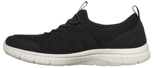 A black slip-on athletic shoe with a textured knit fabric upper, bungee-style laces, a reinforced toe cap, and a thick, white, grooved rubber sole.