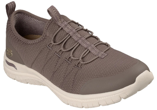 A slip-on sneaker with a taupe textured knit upper, bungee lacing, a pull tab at the heel, and a thick off-white sole.