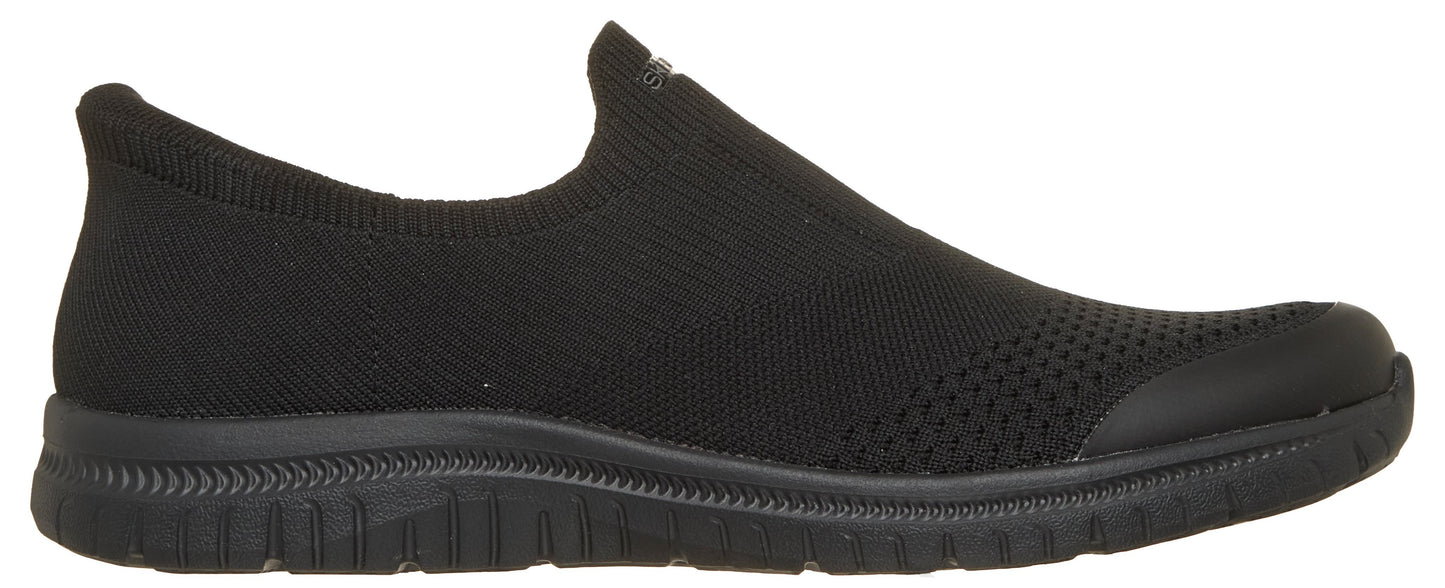 A black slip-on sneaker with a black sole and a knit upper.