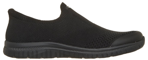 A black slip-on sneaker with a black sole and a knit upper.