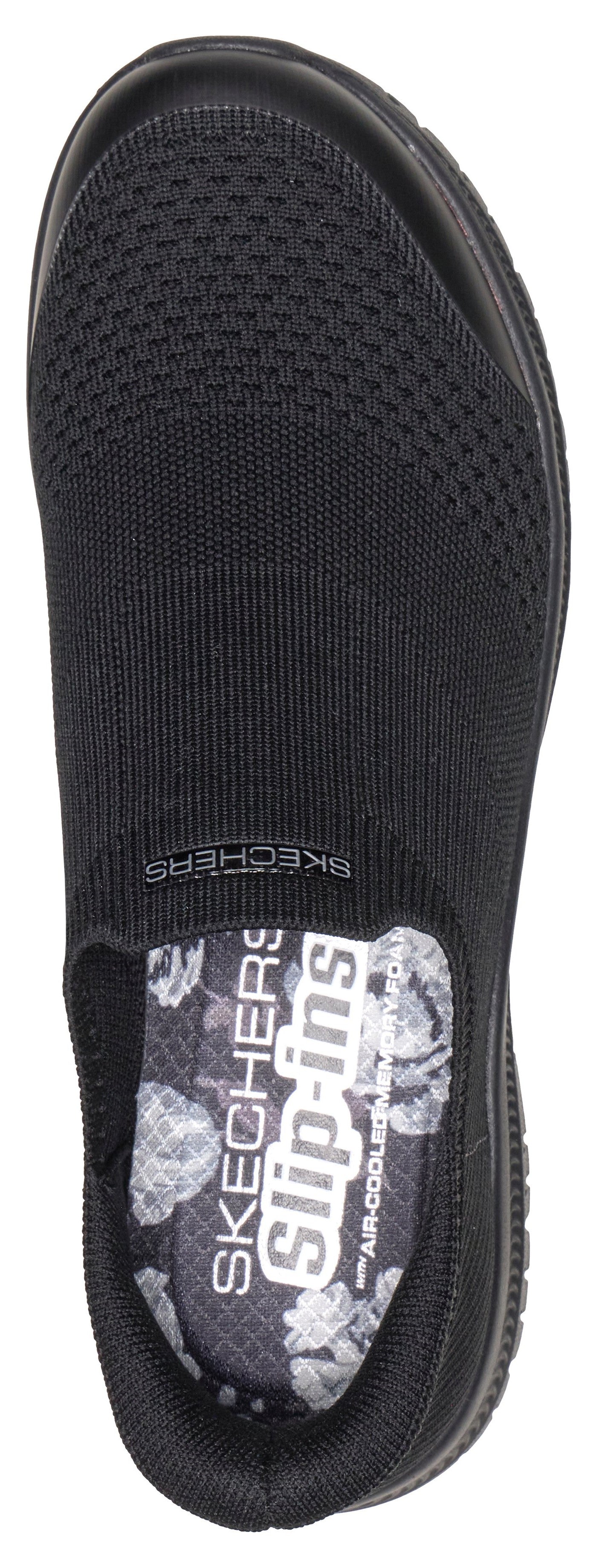 Black slip-on shoe with knit upper and floral insole.