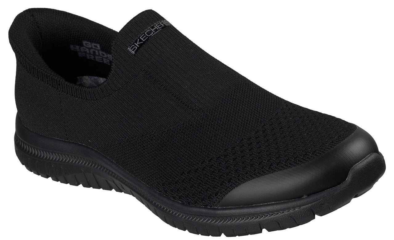 Black slip-on sneaker with a knit upper and logo on the side.
