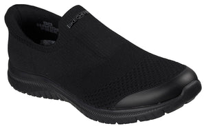 Black slip-on sneaker with a knit upper and logo on the side.